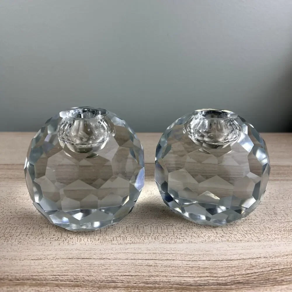 Vintage Faceted Spherical Glass Candlestick Holder Honeycomb Set of 2